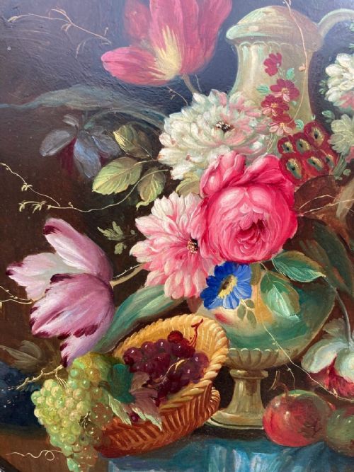 fig 1. Original late 19th Century English School Antique Floral Still Life Oil Painting on Circular Wood Panel