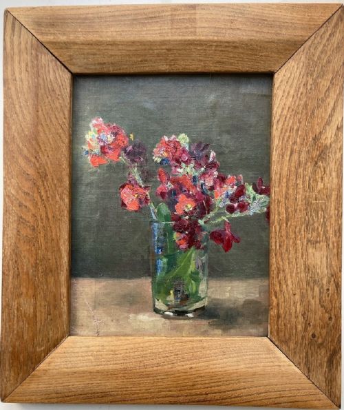 Vintage Circa 1950'S Original Oil Painting on Canvas Board Still Life Study of Red Flowers in Glass Vase Presented in an Oak Frame