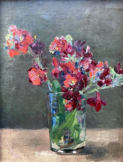 fig 1. Vintage circa 1950's Original Oil Painting on Canvas Board Still Life Study of Red Flowers in Glass Vase Presented in an Oak Frame