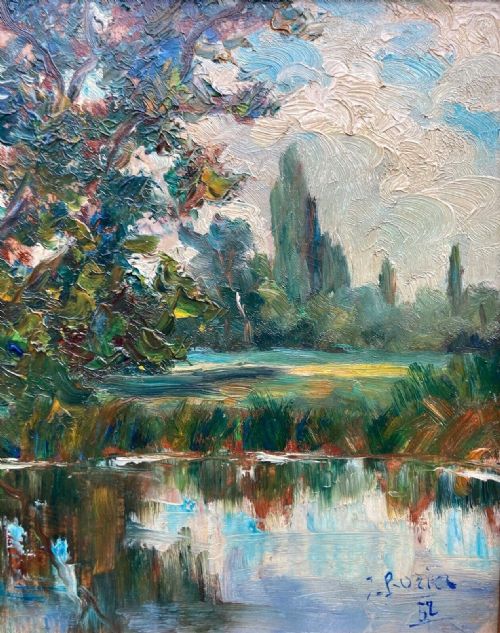 Indistinctly Signed Vintage 1953 Oil Painting on Board Lake & Tree Landscape with Harrods Label Verso