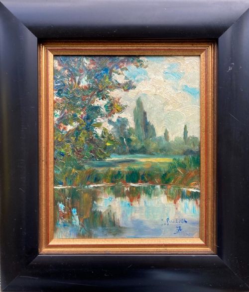 fig 1. Indistinctly Signed Vintage 1953 Oil Painting on Board Lake & Tree Landscape with Harrods Label Verso