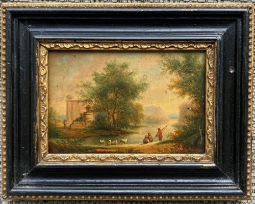 2 X Original Early 19th Century Antique Miniature Oil Paintings on Wood Panels Italian School Capriccio Landscapes