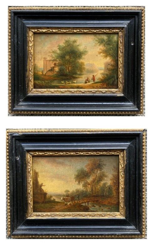 fig 1. 2 x Original Early 19th Century Antique Miniature Oil Paintings on Wood Panels Italian School Capriccio Landscapes