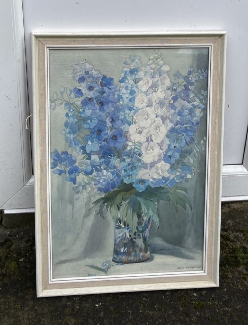 Olive Higginbottom Original Early 20th Century Antique Watercolour Painting Still Life Delphinium Flowers Painting No.3