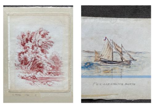 Original 19th Century Antique Pencil & Sanguine Watercolour Tree Landscape & Penmaenmawr Wales Boat Study Verso