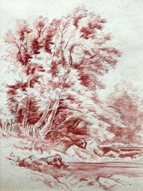 fig 1. A two-sided 19th-century artwork featuring a red sanguine landscape drawing of trees beside a stream on one side, and a detailed maritime study of sailing boats labelled Penmaenmawr Boats on the reverse.
