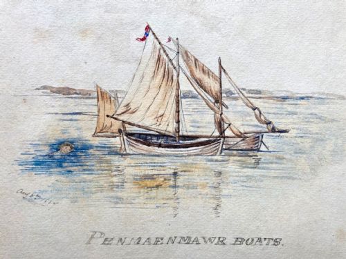fig 2. A two-sided 19th-century artwork featuring a red sanguine landscape drawing of trees beside a stream on one side, and a detailed maritime study of sailing boats labelled Penmaenmawr Boats on the reverse.
