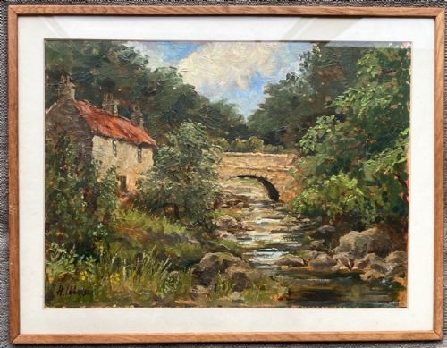 fig 1. H Ibbotson Signed Original mid 20th Century English Oil Painting Beck Hole Near Whitby Bridge & River North Yorkshire Landscape