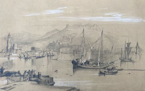 Attributed to David Roberts Ra Original Early 19th Century Antique Pencil & Watercolour Painting Malaga Spain Harbour Seascape Landscape Sketch Study