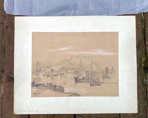 fig 2. Attributed to David Roberts RA Original Early 19th Century Antique Pencil & Watercolour Painting Malaga Spain Harbour Seascape Landscape Sketch Study