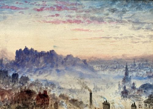 Signed & Dated 1854 Original 19th Century Antique Watercolour Painting Misty View Over Edinburgh Scotland Scottish Landscape