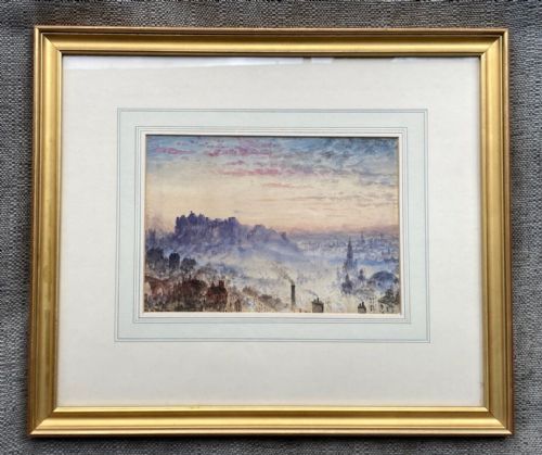 fig 1. Signed & dated 1854 Original 19th Century Antique Watercolour Painting Misty View over Edinburgh Scotland Scottish Landscape