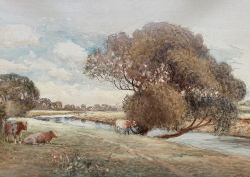 John Pedder 1923 Original Early 20th Century Antique Watercolour Painting Cattle Grazing by a River English Landscape
