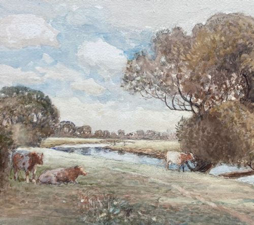 fig 1. John Pedder 1923 Original early 20th Century Antique Watercolour Painting Cattle Grazing by a River English Landscape