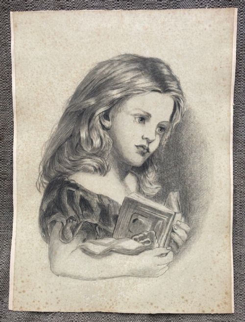 fig 1. Original 19th Century Antique Charcoal Pencil Portrait Drawing of a Seated Young Girl with a Book
