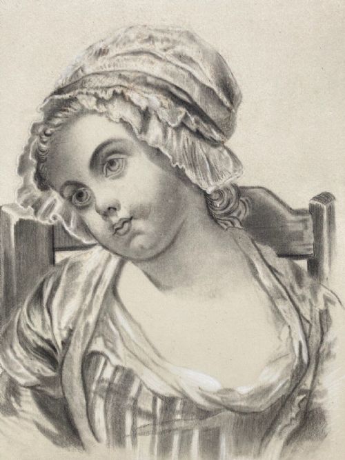 After Josephine Ducollet Original 19th Century Antique Charcoal Pencil Portrait Study of a Seated Young Girl Wearing a Bonnet