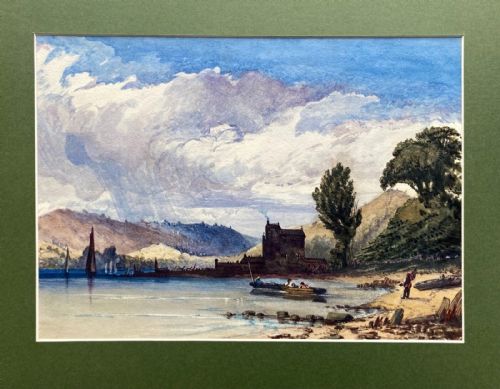 fig 1. Indistinctly Signed Original 19th Century Antique Watercolour Painting Fishing in Calm Waters Scottish Landscape