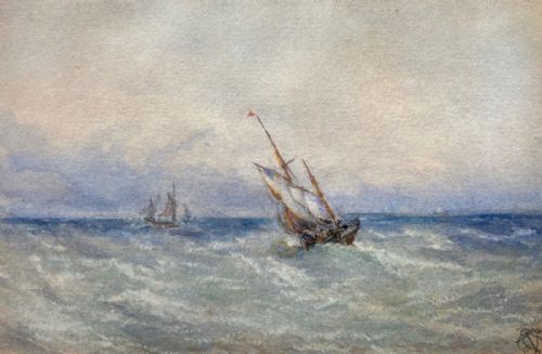 Indistinctly Monogrammed Signed Original 19th Century Antique Watercolour Painting Rough Sea Shipping Seascape