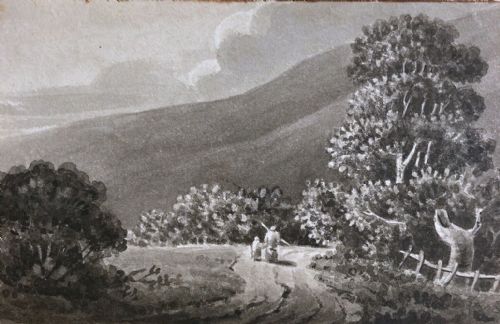 Original 19th Century Antique Grisaille Watercolour Painting Figures in a Country Landscape