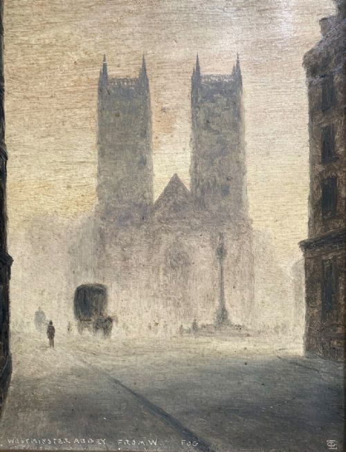 Monogrammed Lc Original 19th Century Antique Oil Painting on Board Westminster Abbey, London in the Fog English Landscape