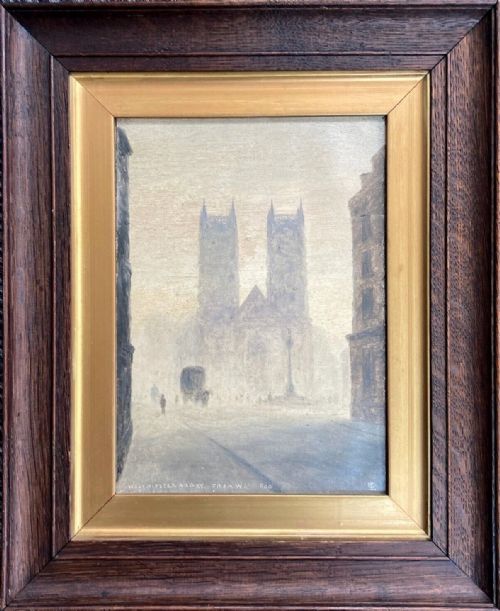 fig 1. Monogrammed LC Original 19th Century Antique Oil Painting on Board Westminster Abbey, London in the Fog English Landscape
