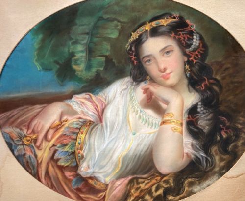 Original 19th Century English School Antique Pastel Drawing Painting Portrait of a Languorous Young Lady Wearing Gold Tiara & Jewelry
