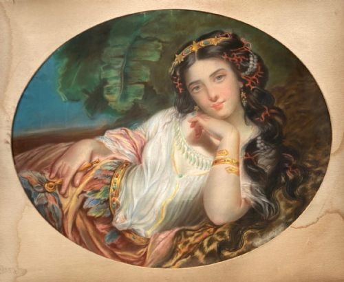 fig 1. Original 19th Century English School Antique Pastel Drawing Painting Portrait of a Languorous Young Lady wearing Gold Tiara & Jewelry