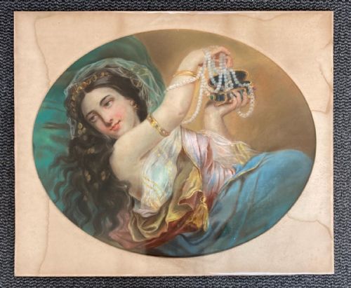 Original 19th Century English School Antique Pastel Portrait Drawing Painting Languorous Lady Holding Up a String of Pearls