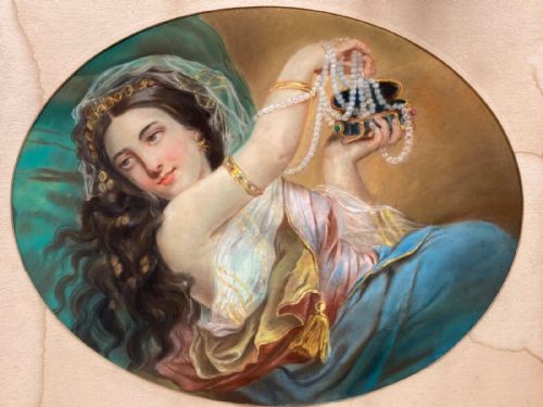 fig 1. Original 19th Century English School Antique Pastel Portrait Drawing Painting Languorous Lady holding up a String of Pearls