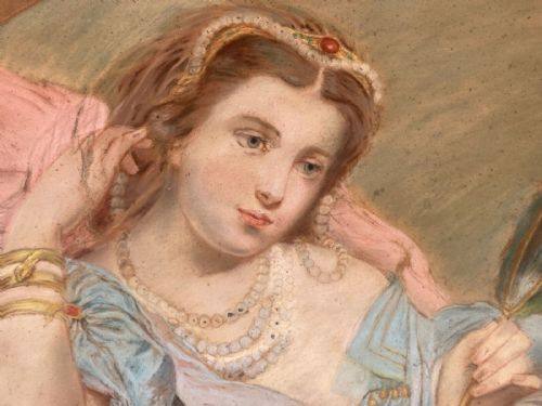 fig 1. Original 19th Century English School Antique Pastel Portrait of Languorous Lady Looking into a Hand Mirror