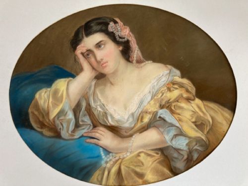 Original 19th Century English School Antique Pastel Portrait Drawing Painting of a Lady Looking Pensive Wearing a Yellow Silk Dress