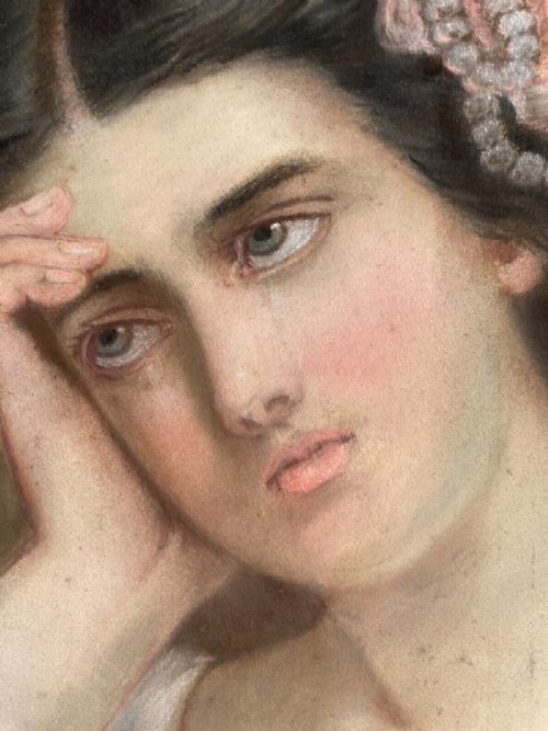 fig 1. Original 19th Century English School Antique Pastel Portrait Drawing Painting of a Lady Looking Pensive wearing a Yellow Silk Dress