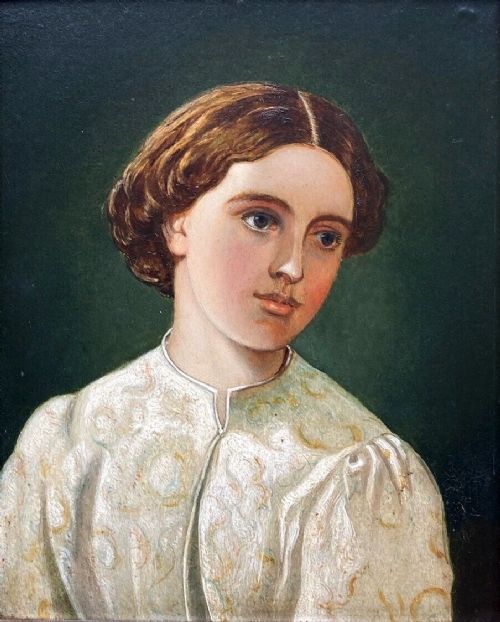 British School Original late 19th Century Antique Oil Painting Portrait of a Young Lady in White Dress Presented in a Substantial Frame