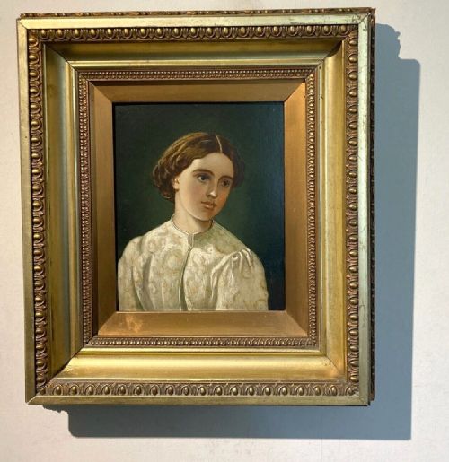 fig 1. British School Original late 19th Century Antique Oil Painting Portrait of a Young Lady in White Dress Presented in a Substantial Frame