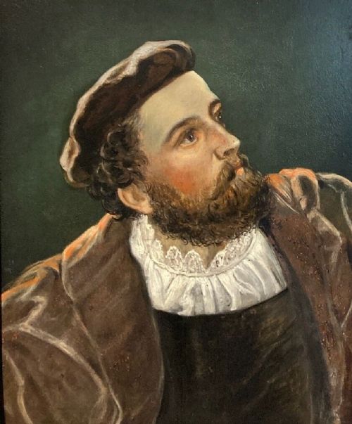 British School Original late 19th Century Antique Oil Painting on Panel Portrait of a Gentleman Wearing Historic Tudor Dress