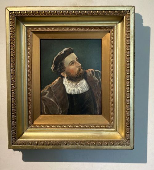 fig 1. British School Original late 19th Century Antique Oil Painting on Panel Portrait of a Gentleman Wearing Historic Tudor Dress