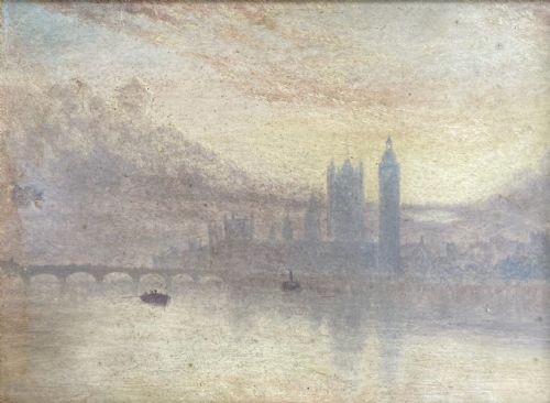 Original Late 19th Century Oil Painting on Card, Houses of Parliament, London Cityscape in the Mist English Landscape