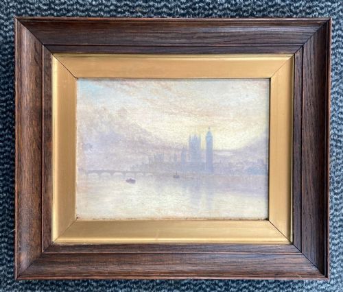 fig 1. Original late 19th Century Oil Painting on Card, Houses of Parliament, London Cityscape in the Mist English Landscape