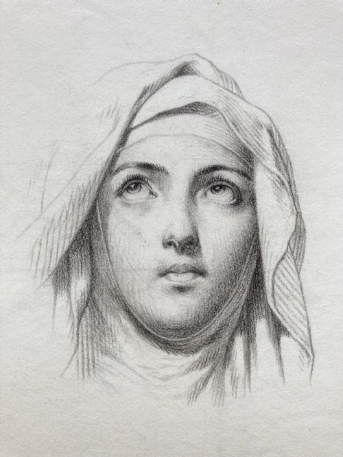 Original 19th Century Antique Charcoal Pencil Portrait of Carmelite Nun, St. Teresa of Avila
