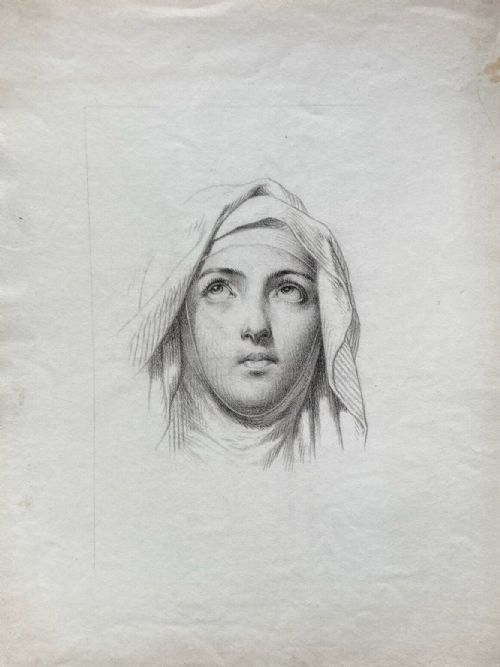 fig 1. Original 19th Century Antique Charcoal Pencil Portrait of Carmelite nun, St. Teresa of Avila