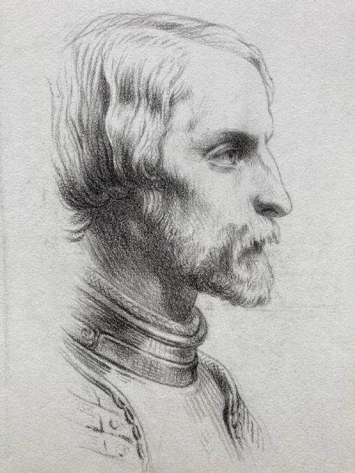 Original 19th Century Antique Charcoal Pencil Portrait Side Profile of a Military Man Wearing Armour
