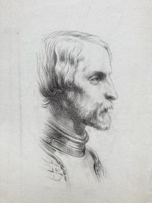fig 1. Original 19th Century Antique Charcoal Pencil Portrait Side Profile of a Military Man wearing Armour
