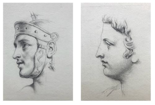 Original 19th Century Antique Charcoal Pencil Portraits Side Profiles of Roman Gentlemen
