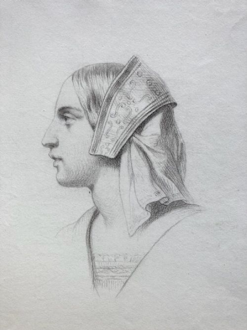 fig 1. Original 19th Century Antique Charcoal Pencil Side Profile Portrait of a Medieval Woman Drawn on J Whatman 1852 Watermarked Paper
