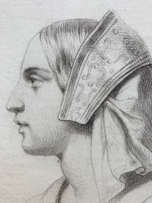 fig 2. Original 19th Century Antique Charcoal Pencil Side Profile Portrait of a Medieval Woman Drawn on J Whatman 1852 Watermarked Paper