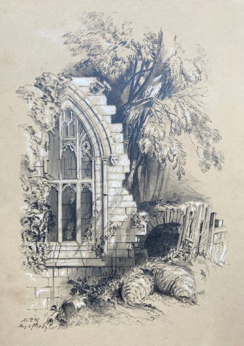 Monogrammed & Dated 1847 Original 19th Century Antique Pencil Drawing Sketch Study of Abbey Ruin Landscape Heightened in White