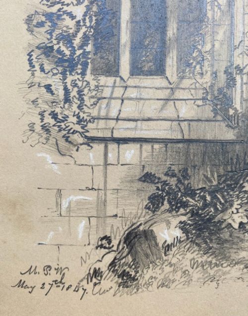 fig 1. Monogrammed & Dated 1847 Original 19th Century Antique Pencil Drawing Sketch Study Of Abbey Ruin Landscape Heightened in White