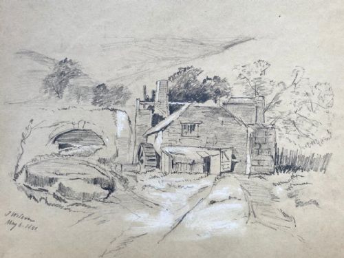 Signed J Wilson 1851 Original 19th Century Antique Pencil Sketch Water Mill English Landscape Study
