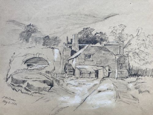 fig 2. Signed J Wilson 1851 Original 19th Century Antique Pencil Sketch Water Mill English Landscape Study