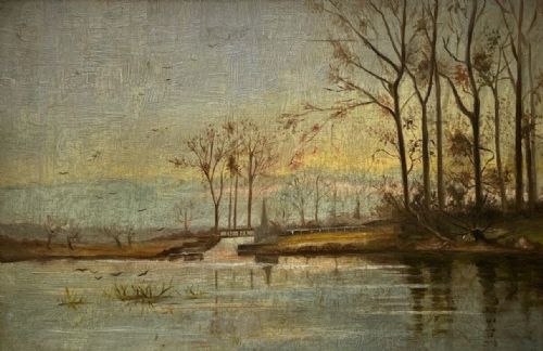 fig 1. Original 19th Century English School Antique Oil Painting on Canvas Sandford Weir Oxfordshire Landscape